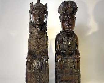 Benin King Oba And Queen, Pair Of Hand Carved Seated Ebony Figures West African