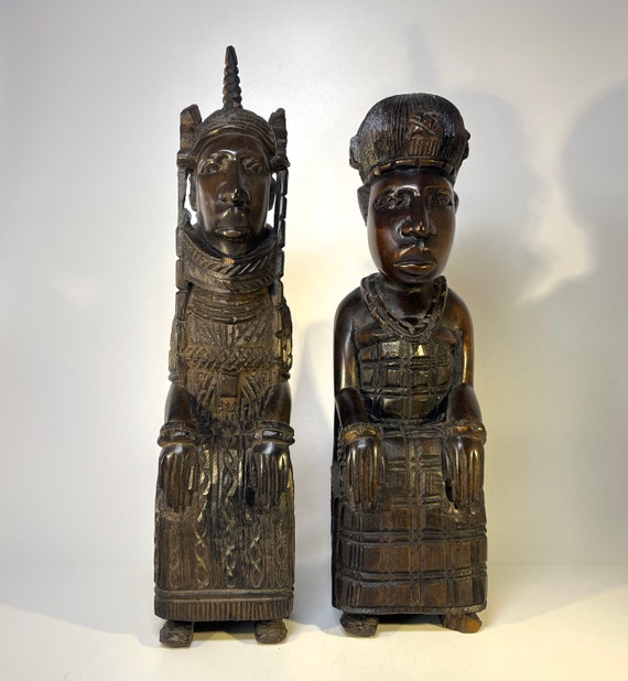 Benin King Oba And Queen, Pair Of Hand Carved Seated Ebony Figures West African