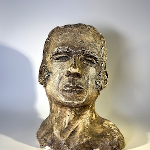 May include: A detailed bust sculpture of a person's head and neck, crafted from a rough, textured material that appears to be plaster or clay. The sculpture is painted in shades of brown and beige, giving it a realistic appearance.