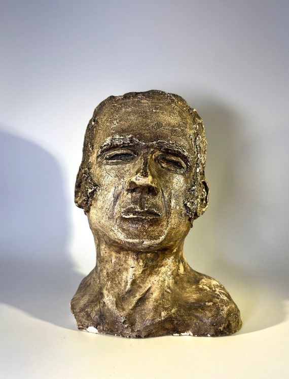Strikingly Powerful, Vintage Clay Sculpture Bust Of A South American Male
