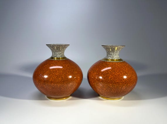 Reserved. Pair Of Royal Copenhagen Terracotta Crackle Glaze Porcelain Vases #2353