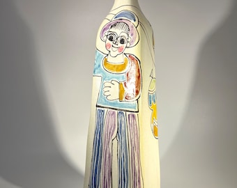風船を持った少年、デシモーネ手描きイタリア陶器ボトル花瓶 1960 年代 