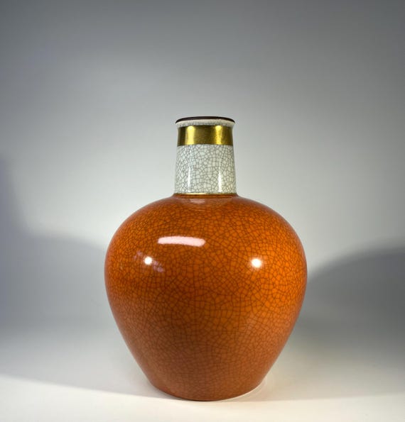 Reserved. Thorkild Olsen For Royal Copenhagen, Terracotta Crackle Glazed Vase, Gilded Band #3593