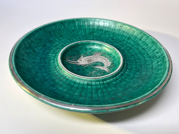 Wilhelm Kage, Argenta Gustavsberg, Incised Stoneware Silver Piscine Footed Dish c1940