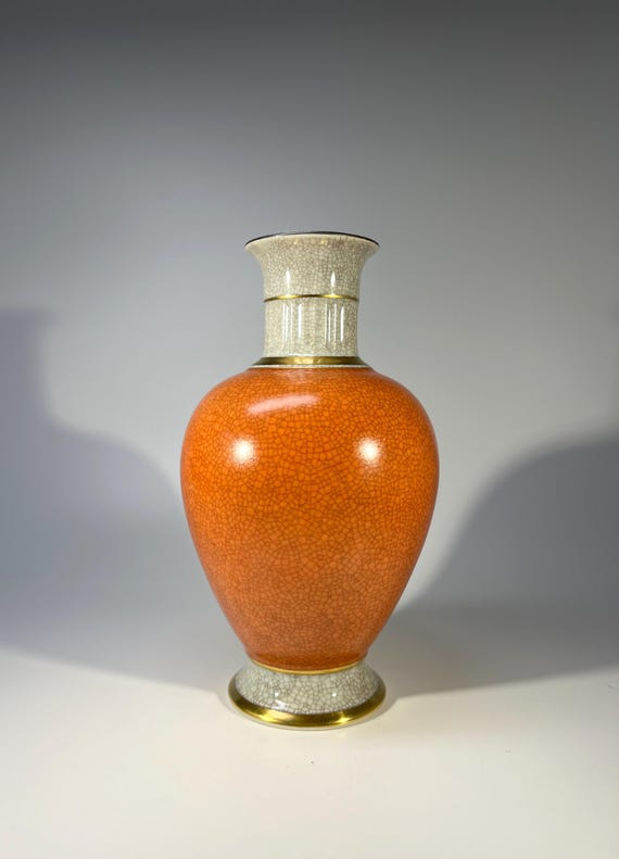 Reserved. Royal Copenhagen 1960, Terracotta Orange  Crackle Matt Glazed Vase With Gilded Banding Decoration #3032