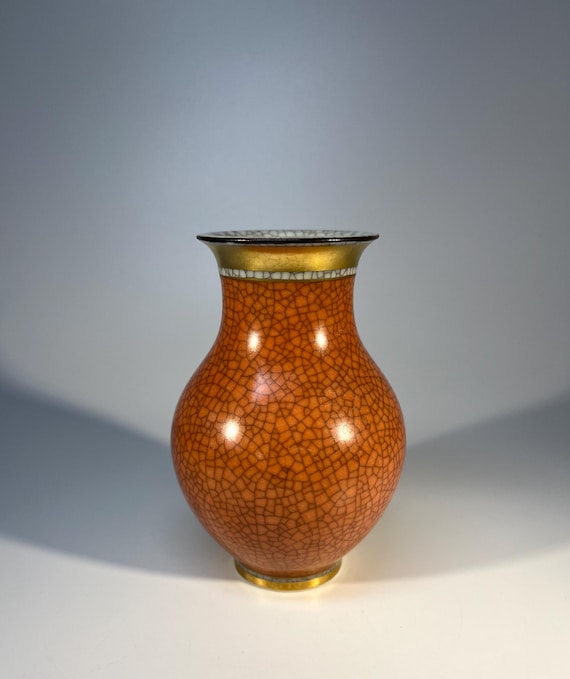 Royal Copenhagen, Terracotta Crackle Glazed Vase With Gilded Banding Decoration #2736