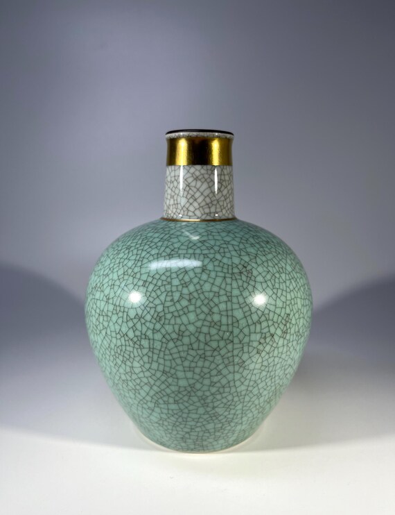 Reserved. Thorkild Olsen For Royal Copenhagen, Pale Green Crackle Glazed Vase, Gilded Band #3582