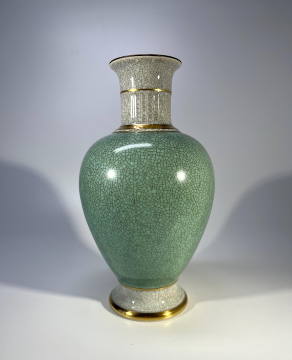 Reserved. Royal Copenhagen 1968 Pale Green Crackle Glazed Vase With Gilded Banding Decoration #3032