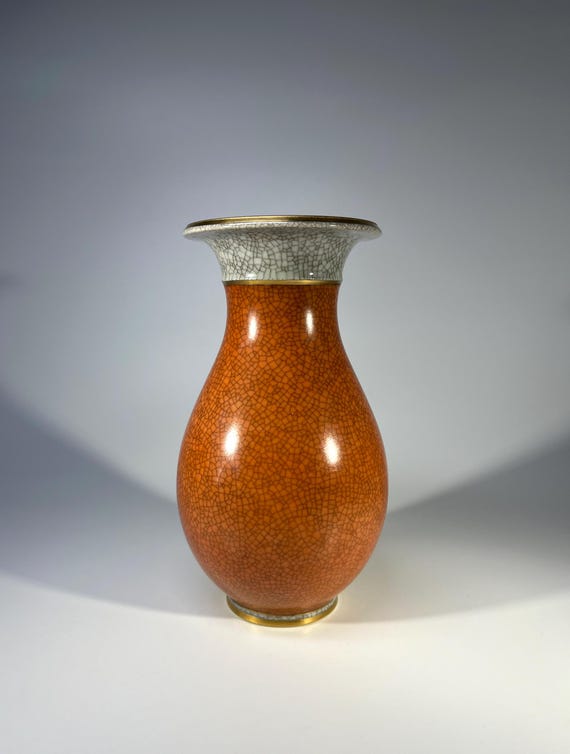 Reserved. Royal Copenhagen, Terracotta Crackle Glazed Vase With Gilded Banding Decoration #2526
