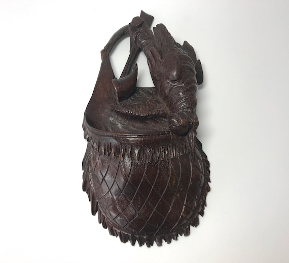 Antique Hand Carved Black Forest Game Hunter's Bag With Woodcock, Rifle & Horn c1920