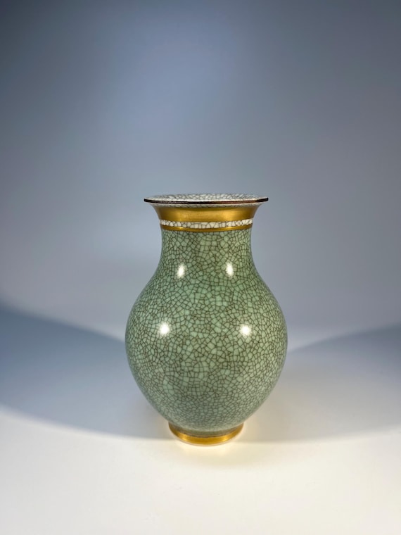 Royal Copenhagen, 1956 Green Crackle Glazed Vase Gilded Banding #2736