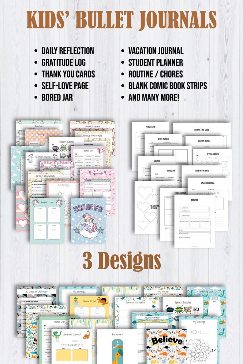 Op de afbeelding: Een verzameling afdrukbare bullet journal pagina's voor kinderen met drie verschillende thema's: eenhoorns, dinosaurussen en harten. De pagina's bevatten activiteiten zoals dankbaarheidslogboeken, vakantiedagboeken en studieplanners.