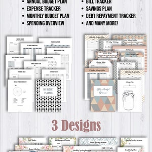 Op de afbeelding: Drie verschillende ontwerpen voor printbare budgetplannerpagina's. De ontwerpen omvatten een bloemenpatroon, een geometrisch patroon en een zwart-wit stippenpatroon. De pagina's bevatten secties voor het bijhouden van uitgaven, besparingen, schuldaflossing en financi&euml;le doelen.
