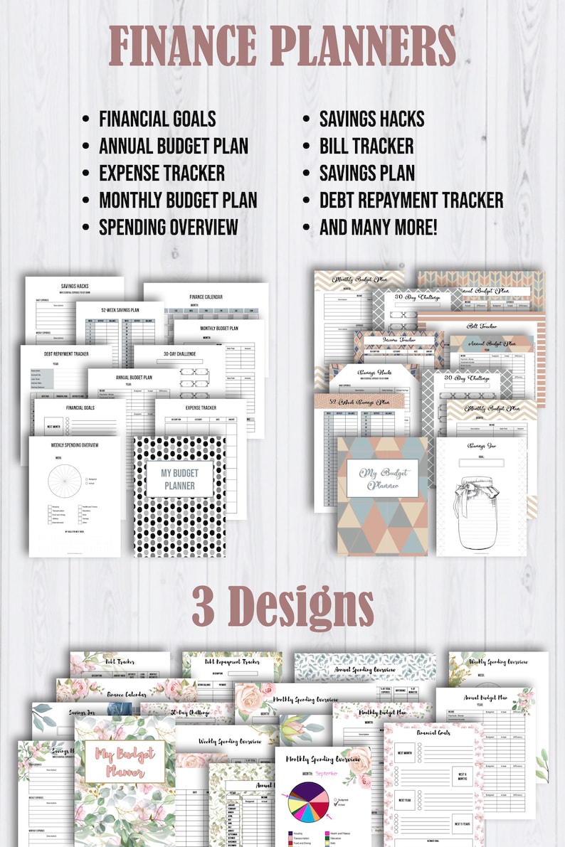 Op de afbeelding: Drie verschillende ontwerpen voor printbare budgetplannerpagina's. De ontwerpen omvatten een bloemenpatroon, een geometrisch patroon en een zwart-wit stippenpatroon. De pagina's bevatten secties voor het bijhouden van uitgaven, besparingen, schuldaflossing en financi&euml;le doelen.