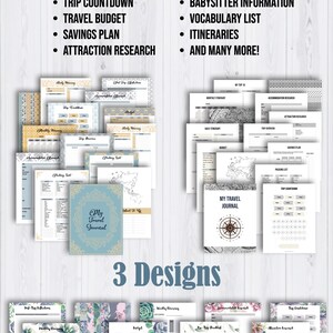 Op de afbeelding: Drie verschillende ontwerpen voor afdrukbare reisdagboekpagina's. De ontwerpen omvatten een blauwe en gouden kompas, een wereldkaart en een bloemenpatroon met vetplanten. De tekst "My Travel Journal" staat op elk ontwerp.