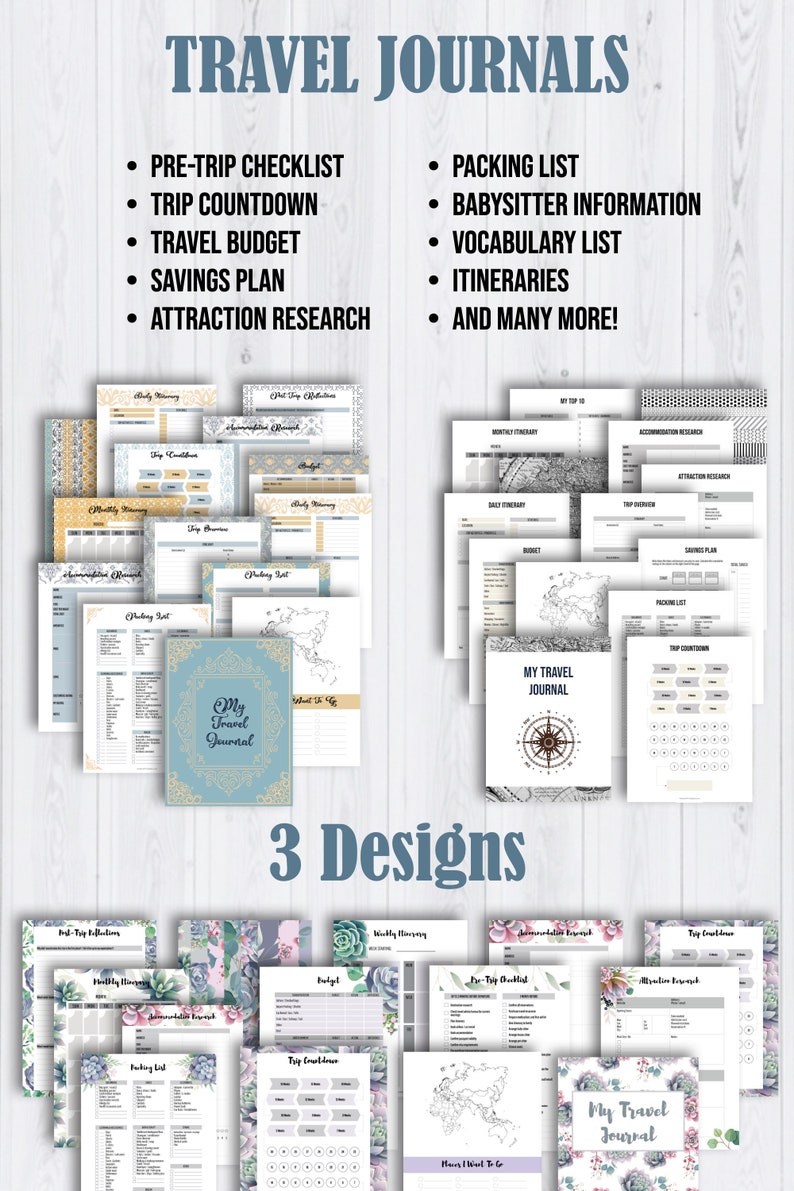 Op de afbeelding: Drie verschillende ontwerpen voor afdrukbare reisdagboekpagina's. De ontwerpen omvatten een blauwe en gouden kompas, een wereldkaart en een bloemenpatroon met vetplanten. De tekst "My Travel Journal" staat op elk ontwerp.