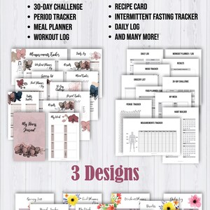 Op de afbeelding: Drie verschillende ontwerpen van fitnessdagboeken met bloemenpatronen. De dagboeken bevatten pagina's voor het bijhouden van metingen, gewoontes, maaltijden, stemming, periodes, trainingen en meer. De tekst "My Fitness Journal" staat op de omslag van elk dagboek.