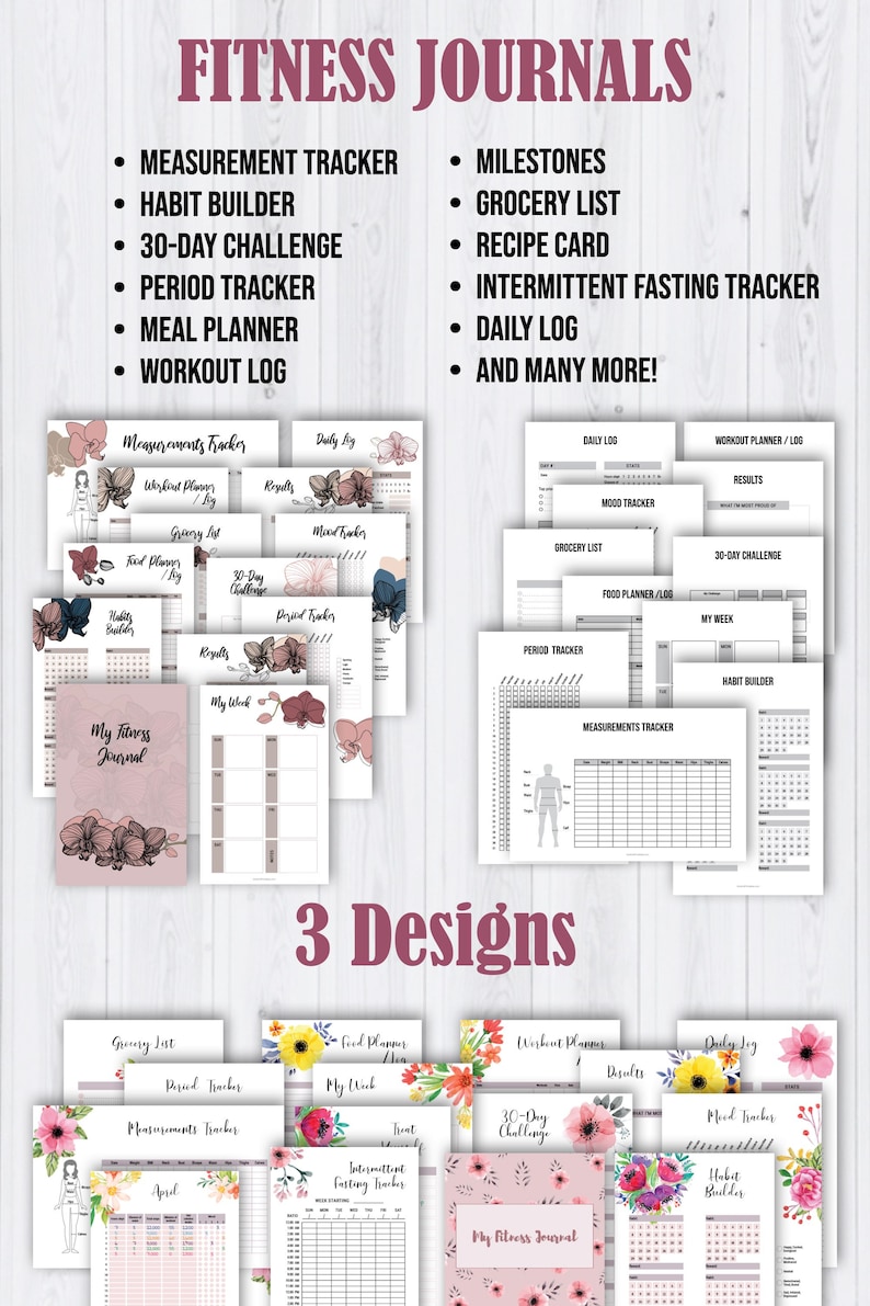 Op de afbeelding: Drie verschillende ontwerpen van fitnessdagboeken met bloemenpatronen. De dagboeken bevatten pagina's voor het bijhouden van metingen, gewoontes, maaltijden, stemming, periodes, trainingen en meer. De tekst "My Fitness Journal" staat op de omslag van elk dagboek.