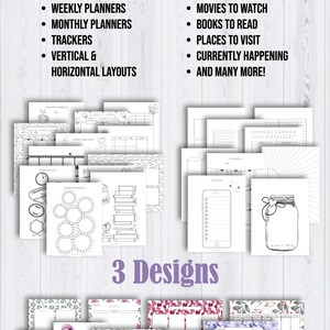 Op de afbeelding: Een set met printbare planner- en bullet journal-sjablonen. De sjablonen hebben verschillende ontwerpen, waaronder bloemenpatronen, geometrische vormen en eenvoudige contouren. De tekst op de afbeelding luidt "Planners & Calendars", "Bullet Journal Templates" en "3 Designs".
