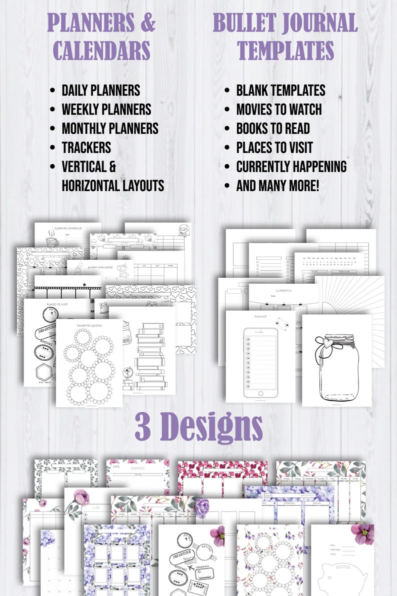 Op de afbeelding: Een set met printbare planner- en bullet journal-sjablonen. De sjablonen hebben verschillende ontwerpen, waaronder bloemenpatronen, geometrische vormen en eenvoudige contouren. De tekst op de afbeelding luidt "Planners & Calendars", "Bullet Journal Templates" en "3 Designs".