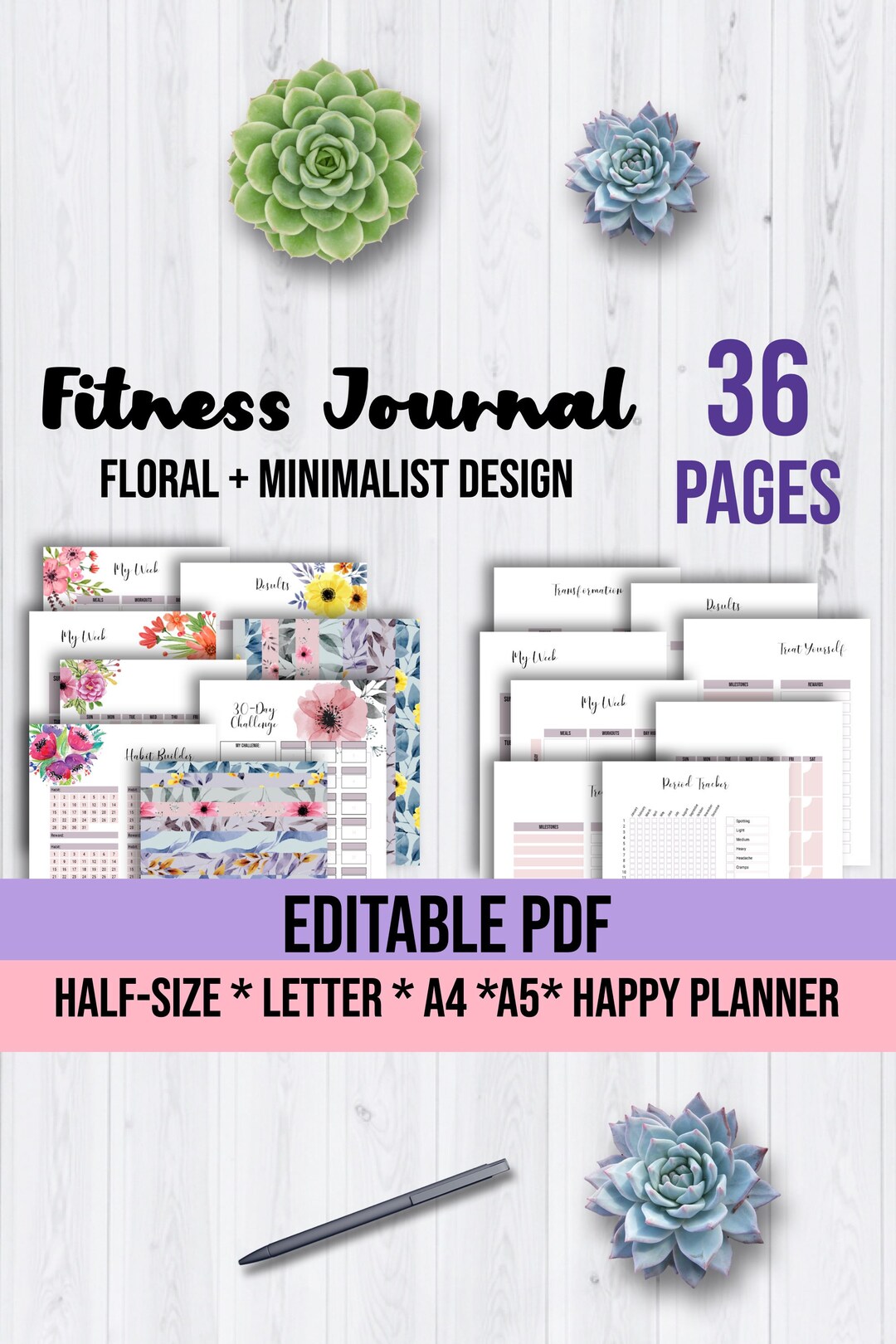 Printable Fitness Journal Printable Fitness Planner Printable Editable