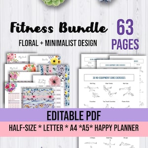 May include: A printable fitness bundle with 63 pages featuring floral and minimalist designs. The bundle includes a 30-day challenge, habit tracker, and no-equipment core exercises. The pages are editable and can be printed in half-size, letter, A4, or A5.