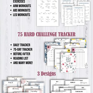 Op de afbeelding: Afdrukbare workout- en fitness-trackerpagina's met bloemmotieven. De pagina's bevatten een 75-daagse challenge-tracker, een dagelijkse tracker, een leeslijst en voor-en-na-pagina's. De tekst "75 Hard Challenge Tracker" staat op de pagina's.