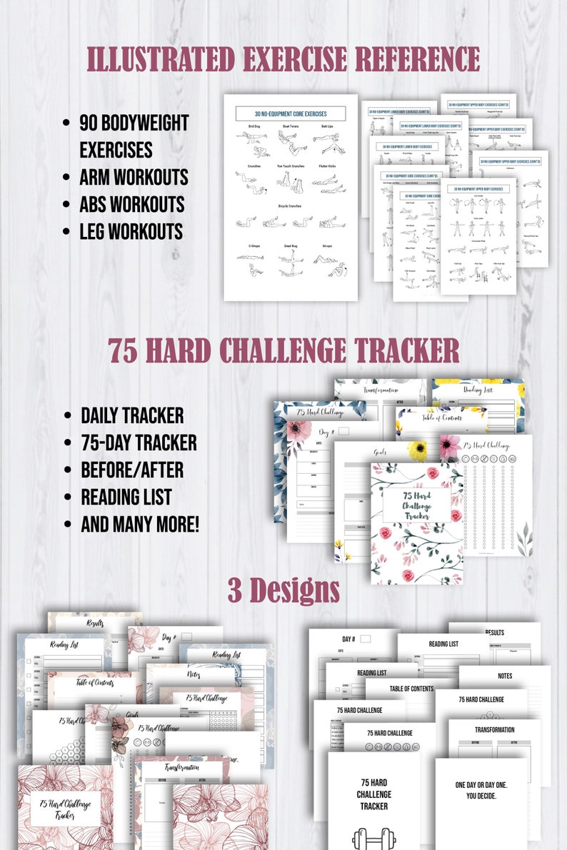 Op de afbeelding: Afdrukbare workout- en fitness-trackerpagina's met bloemmotieven. De pagina's bevatten een 75-daagse challenge-tracker, een dagelijkse tracker, een leeslijst en voor-en-na-pagina's. De tekst "75 Hard Challenge Tracker" staat op de pagina's.