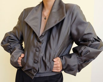 Womens Evening Jacket with Dramatic Sleeves, Dark gray cropped metallic blazer, XS to S