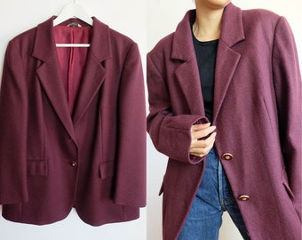 blazer vintage en laine bordeaux, blazer oversize unisexe en pure laine, taille grand à XL