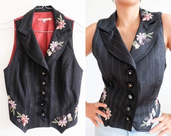 Y2K dark gray pinstriped vest, Womens embroidered vest | Small to Medium
