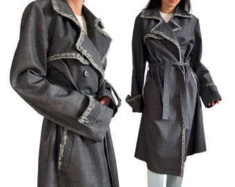 Dark gray denim trench coat with belt, Soft stretchy jean coat with frayed edges, fits Small to Medium