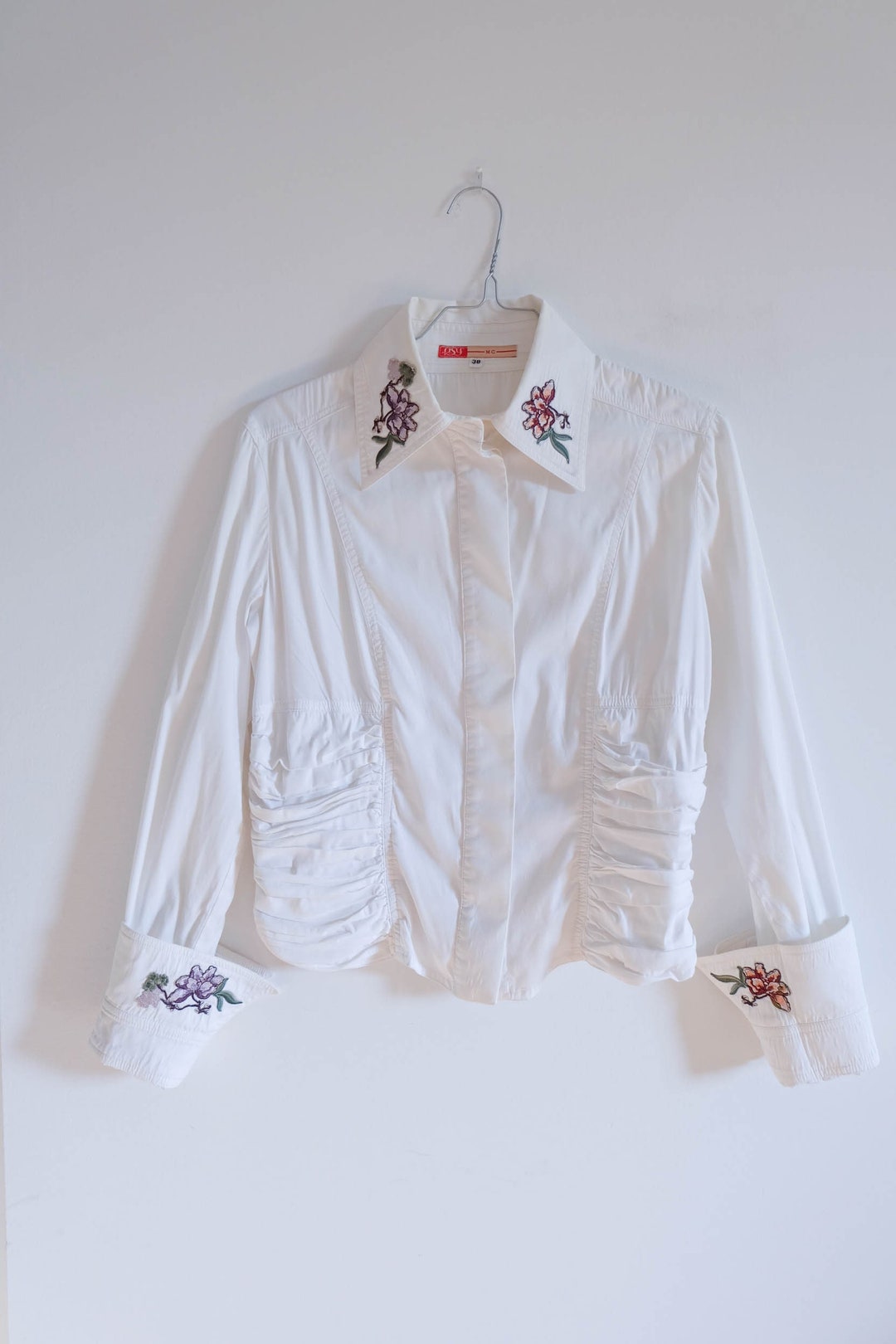 White Cotton Buttondown Blouse With Floral Embroidered Etsy