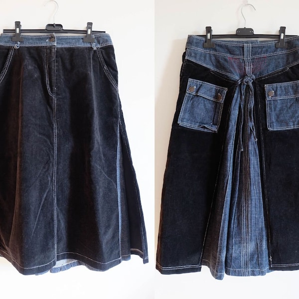 Y2k Deconstructed Panel Denim skirt, 2000s Mixed Material Long Denim Skirt size Large