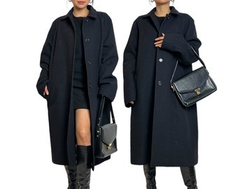 70% Wool Oversize Coat, Ines de la Fressange Paris x Uniqlo Long Black Womens Coat fits Medium, Large, XL