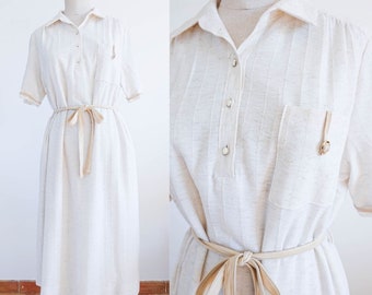 Cream tie-waist linen blend summer dress, Belted short-sleeved midi dress, Medium or EU 38