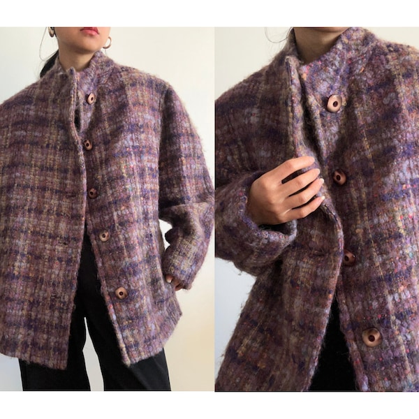 1960s Purple Cropped Tweed Jacket, Wool Oversize Checked Womens Jacket,  Medium to Large