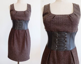 Y2k shift dress with real leather corset waist, Y2k corset dress, size Small or EU 36