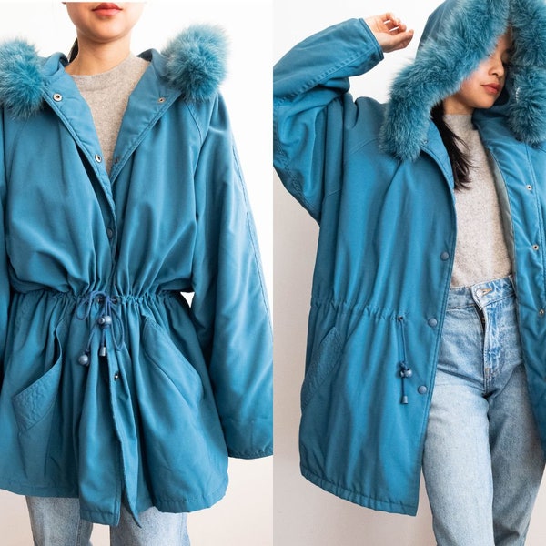 80s blue green hooded jacket, Ladies hooded rain jacket, Medium to Large