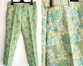 Y2K embroidered low-waist green tapered trousers, Light green and blue printed pants, Womens size Medium