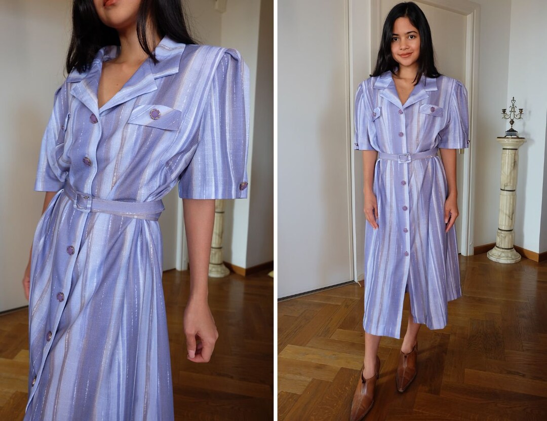 80s 90s Lilac Button Down Belted Dress, Belted Vintage Dress Size