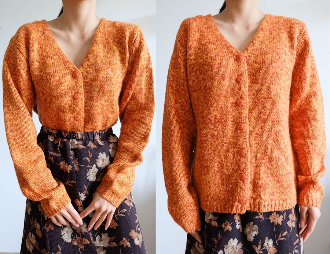 50 Wool Burnt Orange V Neck Cardigan, Womens Knit Sweater XS to Small