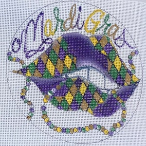 Handpainted Needlepoint Canvas Mardi Gras - Kiss My Lips & Throw Dem Beads Ornament by Tracy Dau Designs