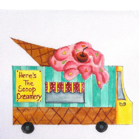 Hand Painted NeedlepoInt Canvas- Here's The Scoop Food Truck