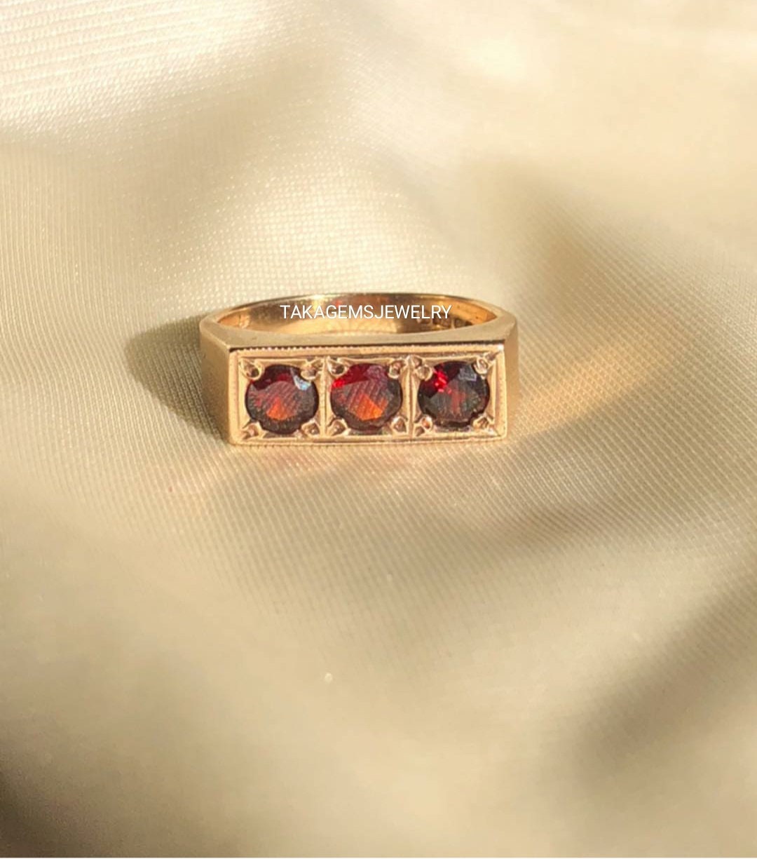 Natural Red 14K Gold Mens Ring, January Birthstone Mens Ring