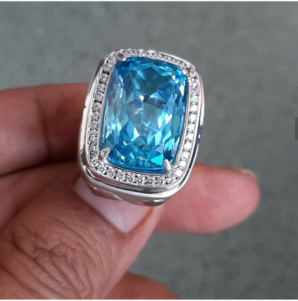 Natural Swiss Blue Topaz Silver Men's Ring 925 Sterling Etsy