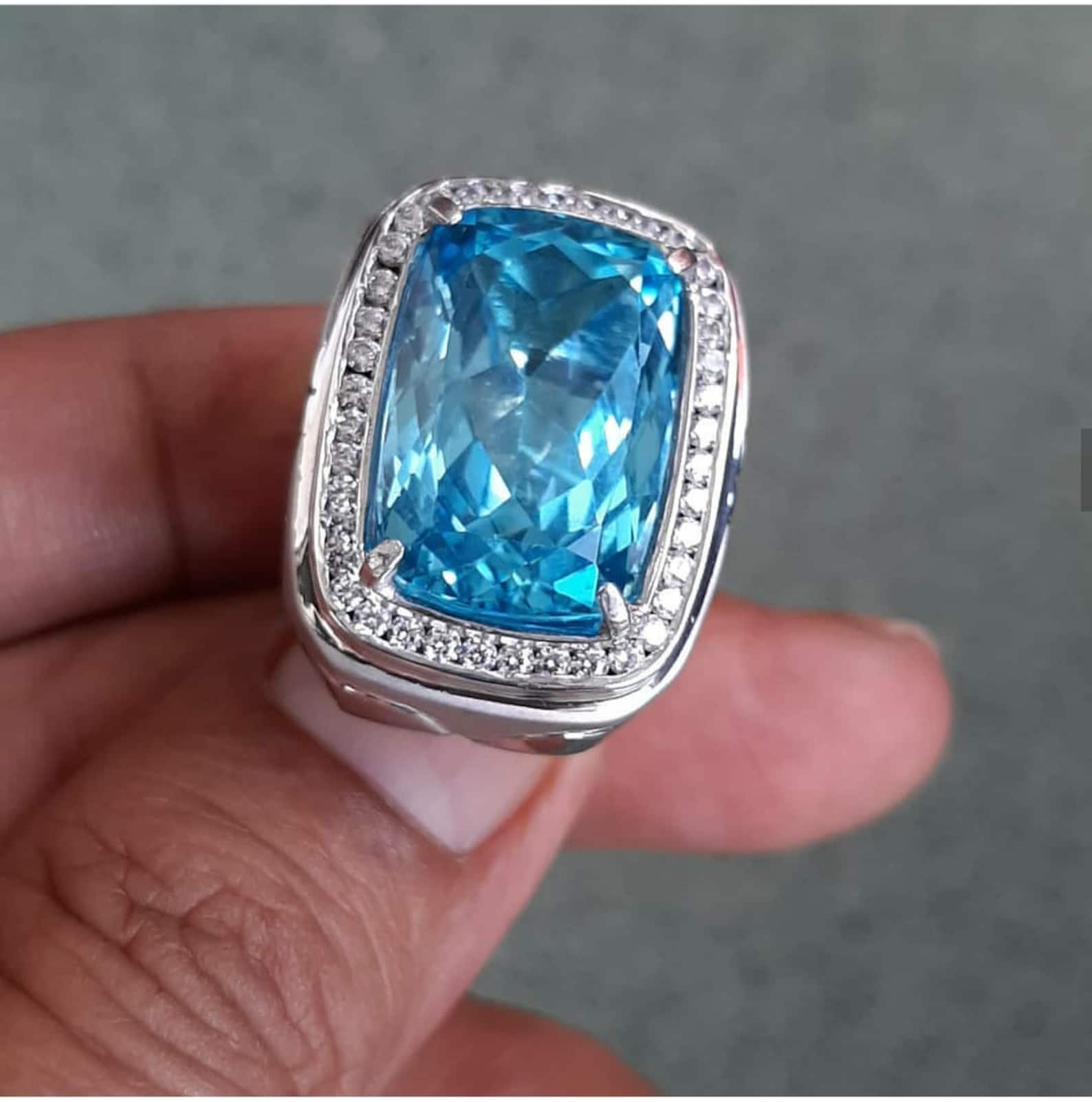 Natural Swiss Blue Topaz Silver Men's Ring 925 Sterling Etsy