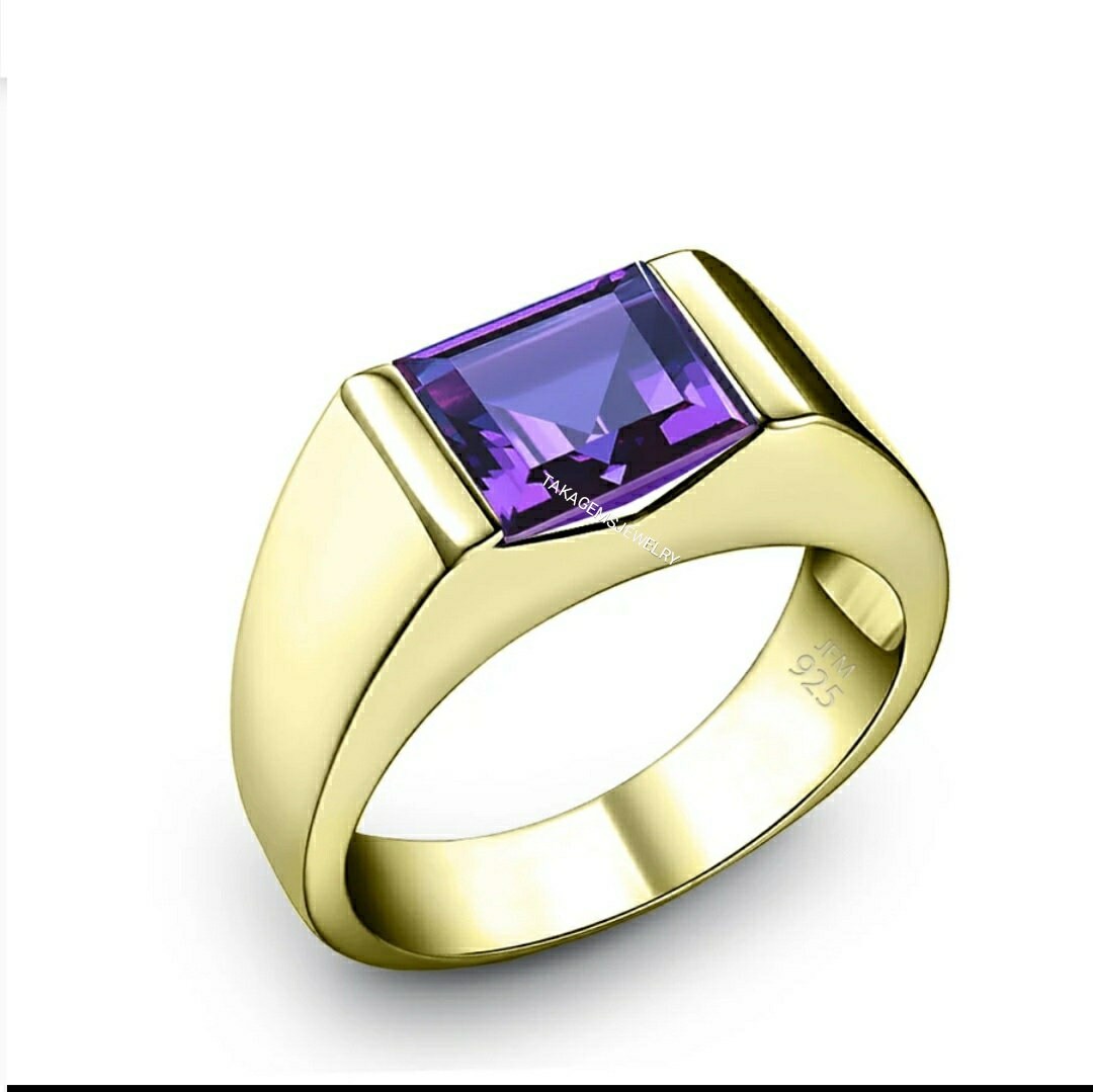 Natural Amethyst Silver Mens Ring / 925 Sterling Silver Gold Etsy