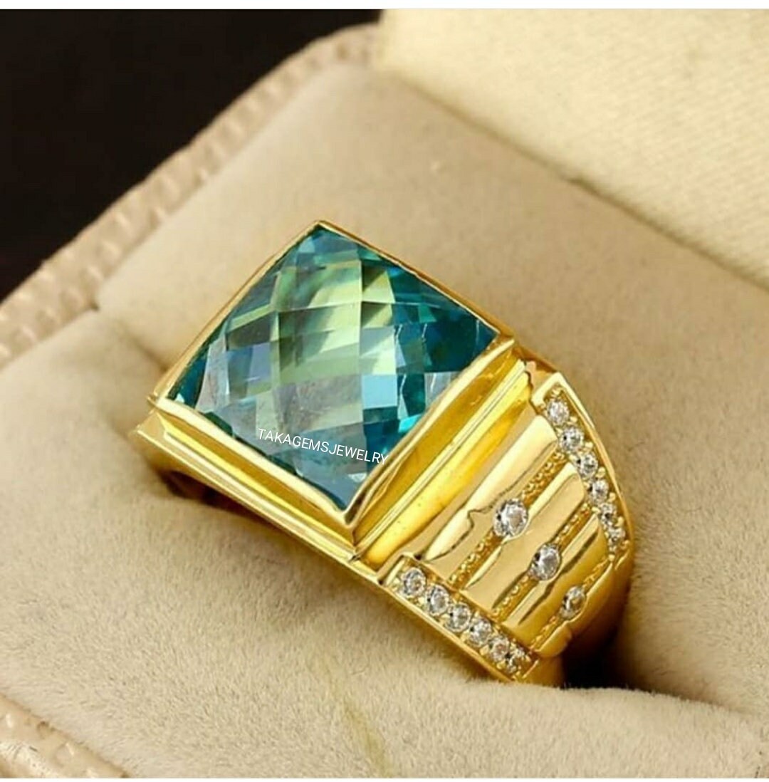 Swiss Blue Topaz 14k Gold Ring for Mens Stylish Mens Gold Etsy