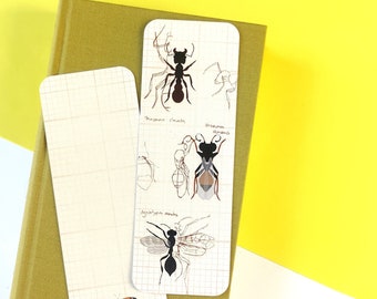Lesezeichen mit Skizzenbuch Look, Insekten Skizzen, Entomologie Motiv mit Ameisen und Wespen